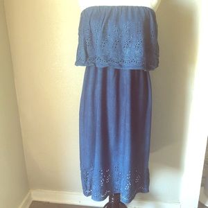 Strapless Blue Wash Eyelet Lace Summer Dress